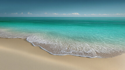 Poster - Turquoise ocean waves gently lapping sandy beach, clear sky overhead, evokes serenity, vacation, and tropical escape