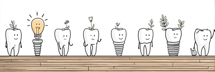 Fototapete - Cartoon Sequence Depicting Tooth Loss and Implant Recovery Journey With Clean Line Art and Cheerful Expressions Generative AI