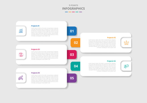 5 points template infographic with round rectangle box stacked list opposite direction with drop shadow style with four stage list information