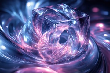 Fototapete - Intricate glass cube with luminous swirls in vibrant pinks and blues against a dreamy abstract background