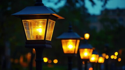 Poster - City streets with rows of lit up lamp posts, perfect for urban scenes or nighttime illustrations