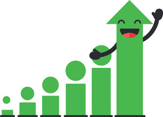 Poster - Happy green arrow growing bar chart showing success and progress in business and finance vector illustration 