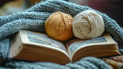 Poster - Two balls of yarn sit on top of an open book, ready for a crafty project or creative inspiration