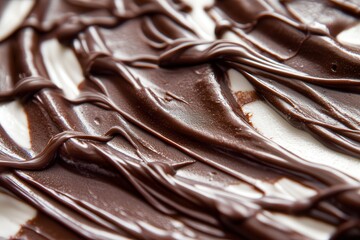 Poster - Close-up of a dessert with a layer of white frosting artistically drizzled with glossy chocolate, creating an appetizing texture