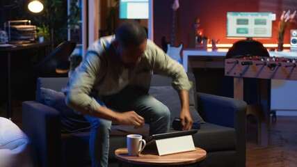 Poster - african american freelancer participates at a web class course on laptop, engaging in a discussion t
