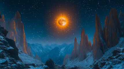 Wall Mural - Lunar eclipse over a majestic mountain range at night