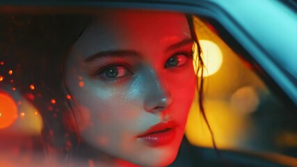 Poster - A woman sits in a car, gazing out the window with a contemplative expression