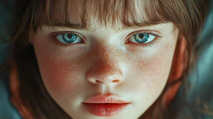 Poster - Close-up portrait of a young girl with freckles, smiling and looking directly at the camera