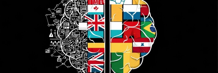Poster - AI Brain Models Divided Into Competing Halves Featuring Various Country Logos Representing Global Perspectives on Technology and Innovation Generative AI