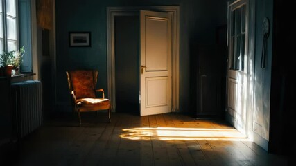 Poster - A single chair sitting in a room next to a door, ideal for use as a prop or decorative element