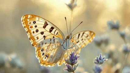 Poster - A butterfly perches on the center of a vibrant purple flower, surrounded by greenery