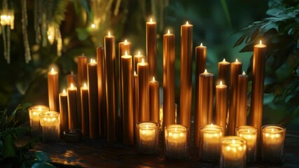 Aufkleber - A group of lit candles sitting on a wooden table, great for decorative or inspirational purposes