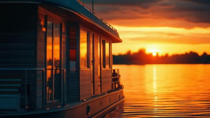 Poster - Houseboat sailing on calm lake waters at sunset with warm golden light