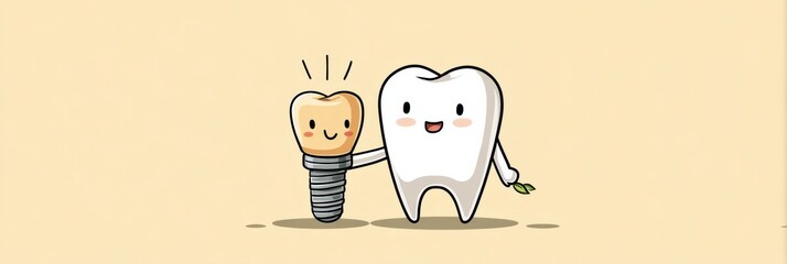 Leinwandbilder - Cheerful Cartoon Tooth Character Joyfully Holds Tiny Dental Implant, Spreading Smiles and Promoting Dental Health Awareness Generative AI