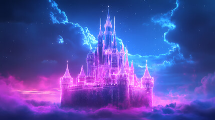Wall Mural - Enchanting fairy tale castle in a glowing twilight sky, dreamy fantasy illustration. [Neon Folklore] | Radiant Fables | glowing tales. Illustration
