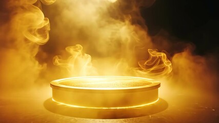 Fototapete - Golden Display: A sleek, circular platform bathed in a warm, ethereal glow, shrouded in swirling vapor, creating an aura of mystery and allure, perfectly suited for showcasing your finest product.
