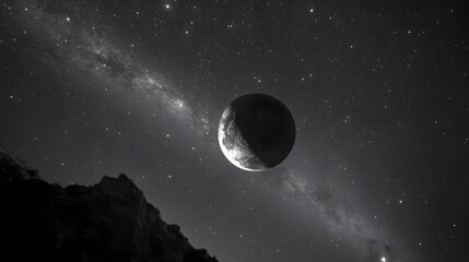 crescent moon over mountain landscape night sky milky way galaxy