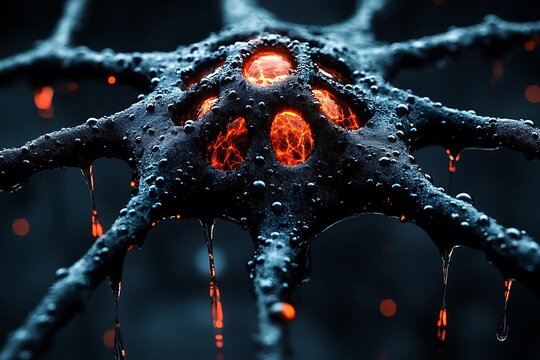 Glowing Lava Cell: A 3D Render of a Dark, Organic Structure with Fiery Core