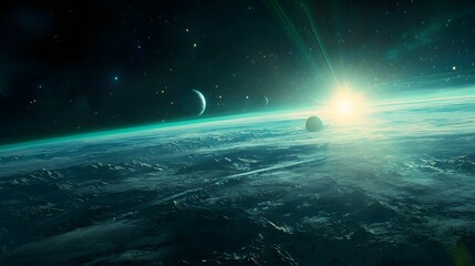 solar system with aurora borealis: the solar system as viewed from earth’s orbit, with the aurora bo