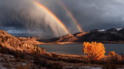 Poster - Beautiful rainbow is seen over a lake with a tree in the foreground. The sky is cloudy and the scene is peaceful and serene
