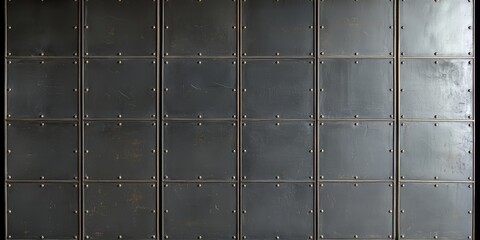 Poster - Black metal wall with many holes and a gray background. The wall is made of metal and has a lot of holes