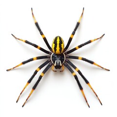 Wall Mural - Detailed close up shot of a large menacing black and yellow venomous spider in its natural tropical jungle or forest environment