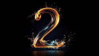 Poster - Glowing Number Two with Fluid Effects on Black Background