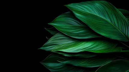 Poster - Close up of green leaves on a black background. The leaves are arranged in a way that they seem to be overlapping each other, creating a sense of depth and dimension