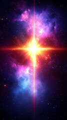 Poster - Bright colorful light radiates from center creating starburst effect. Dark background enhances luminous beam. Abstract design. Optical light effect. Visual art. Futuristic scene. Magical

