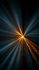 Poster - Bright colorful light radiates from center creating starburst effect. Dark background enhances luminous beam. Abstract design. Optical light effect. Visual art. Futuristic scene. Magical

