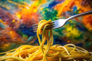 Sticker - abstract surreal closeup: yellow spaghetti fork on vibrant background