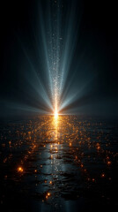 Poster - Bright colorful light radiates from center creating starburst effect. Dark background enhances luminous beam. Abstract design. Optical light effect. Visual art. Futuristic scene. Magical

