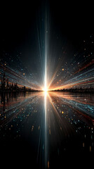 Poster - Bright colorful light radiates from center creating starburst effect. Dark background enhances luminous beam. Abstract design. Optical light effect. Visual art. Futuristic scene. Magical

