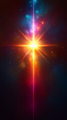 Poster - Bright colorful light radiates from center creating starburst effect. Dark background enhances luminous beam. Abstract design. Optical light effect. Visual art. Futuristic scene. Magical

