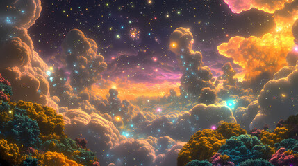 Wall Mural - Dreamy night sky with fluffy clouds and sparkling stars. [Fractal Eden] | Recursive Eden | infinite paradise. Illustration