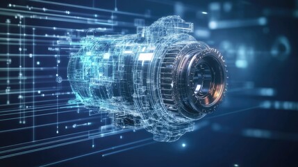 Poster - Digital representation of an industrial engine with glowing blue and white particles conveying technological complexity against a dark background. Focus on intricate circuitry.