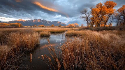 Poster - Field of tall grass with a river running through it. The sky is cloudy and the sun is setting
