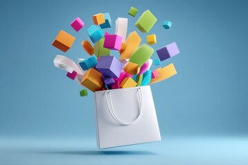 Aufkleber - Colorful Parcels Floating Around an Abstract Shopping Bag Filled With Excitement in a Vibrant Setting Generative AI