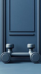 Poster - Abstract geometric design with metallic gray cylindrical structures on a textured blue background. The composition is vertically oriented and features a minimalist aesthetic and detailed textures.