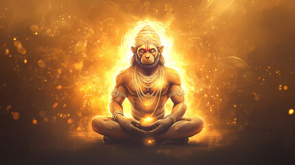 Wall Mural - hanuman jayanti banner design with hanuman in spiritual form, sitting in meditation with golden ligh