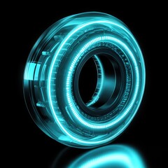 Poster - Abstract digital neon blue ring with glowing lines on black background high-tech futuristic design. The object casts a reflection. Modern technology and data visualization.
