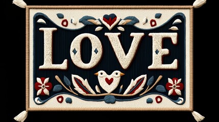 Aufkleber - Hand-sewn sign that says Love. The sign is blue and white with a bird and flowers