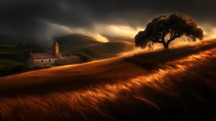 Aufkleber - House is on a hill with a tree in the foreground. The sky is dark and cloudy