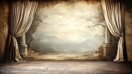 Aufkleber - Large, empty stage with a curtain in the foreground and a curtain in the background. The stage is set for a play or performance
