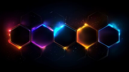 Fototapete - Series of hexagons with different colors and a bright glow. The hexagons are arranged in a row, with the first one being blue and the last one being red. Scene is energetic and vibrant