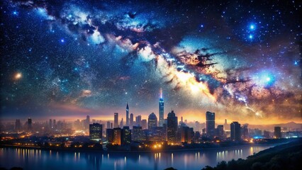 Wall Mural - Ambitious Dreams: Starry Night Sky Over Modern Cityscape