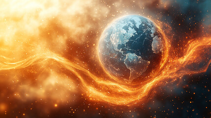 Poster - a glowing globe surrounded by swirling gold, silver, white, and blue energy lines on a radiant backg