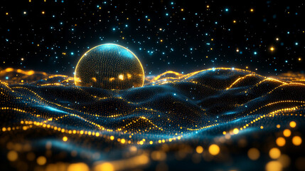 Poster - a glowing globe surrounded by swirling gold, silver, white, and blue energy lines on a radiant backg