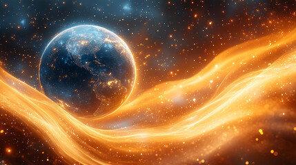 Poster - a glowing globe surrounded by swirling gold, silver, white, and blue energy lines on a radiant backg