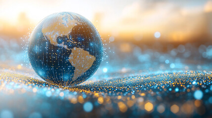 Poster - a glowing globe surrounded by swirling gold, silver, white, and blue energy lines on a radiant backg